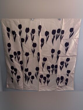 Vintage Givenchy Tan Scarf with Brown Tulip Pattern, Hand Rolled and Sewn Edges